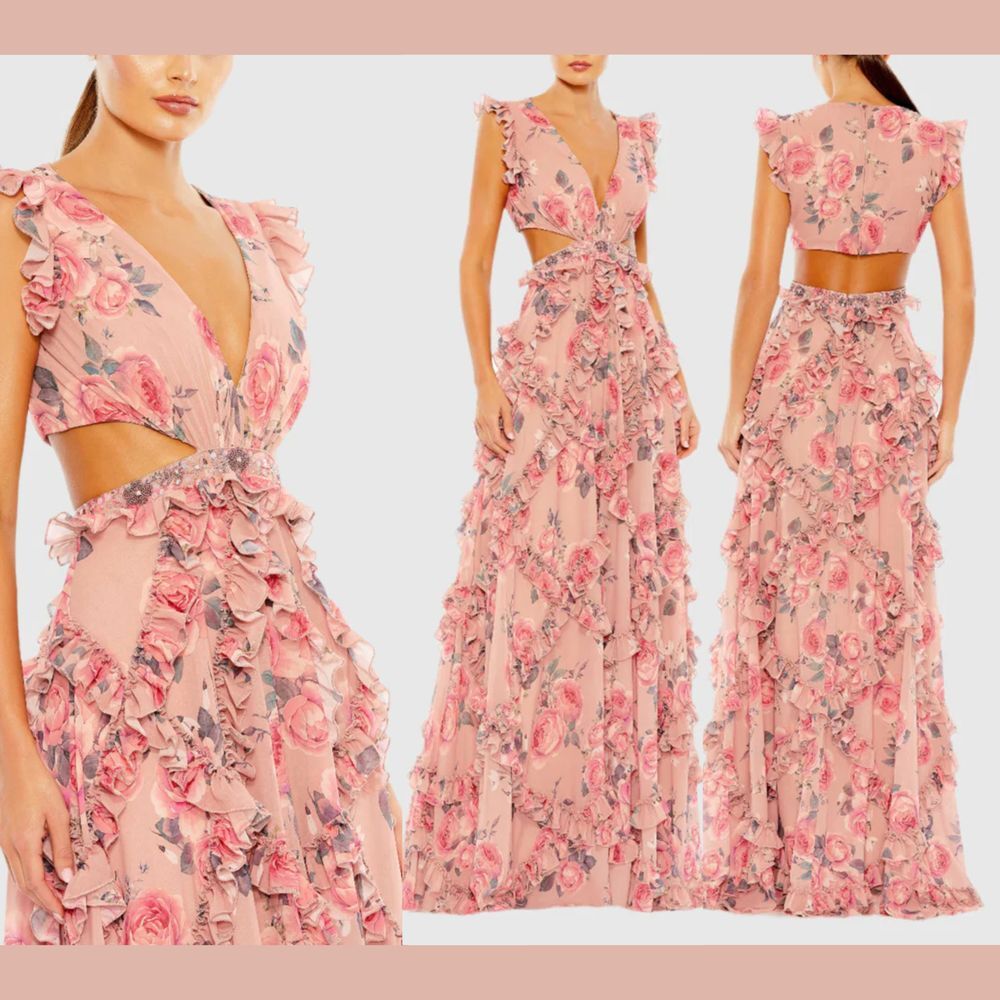 NWT MAC DUGGAL [ 0 ] 9152 Ruffled Cut Out Cap Sleeve‎ V Neck Gown Rose Pink